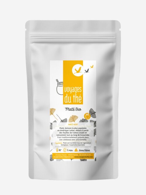 Sachet de Maté vert Bio pur du Brésil par Voyages du thé, boisson tonique issue d'une coopérative équitable, à préparer en calebasse.
