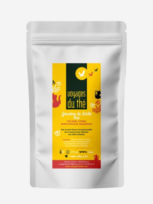 Sachet de thé noir Bio Jardins de Sicile par Voyages du thé, mélange aux arômes naturels de citron, pamplemousse et bergamote avec fleurs de bleuet.