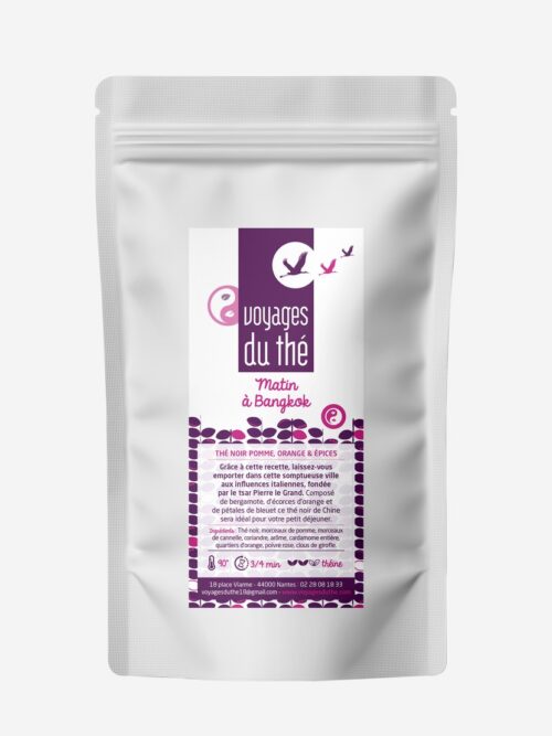 Sachet de thé noir Bio Matin à Bangkok par Voyages du thé, mélange aromatisé à la pomme et à l'orange avec des épices douces, idéal pour le matin.