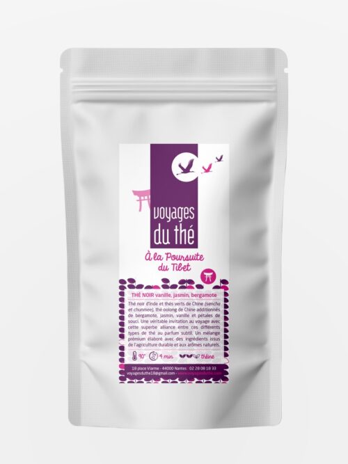 Sachet de thé À la poursuite du Tibet par Voyages du thé, mélange premium de thé noir d'Inde, thés verts et oolong de Chine à la vanille et jasmin.