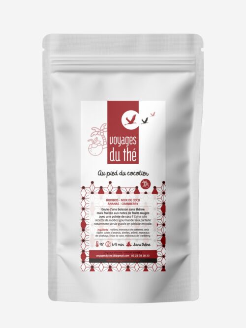 Sachet de rooibos Au pied du cocotier par Voyages du thé, infusion sans théine à la noix de coco, ananas et cranberry.