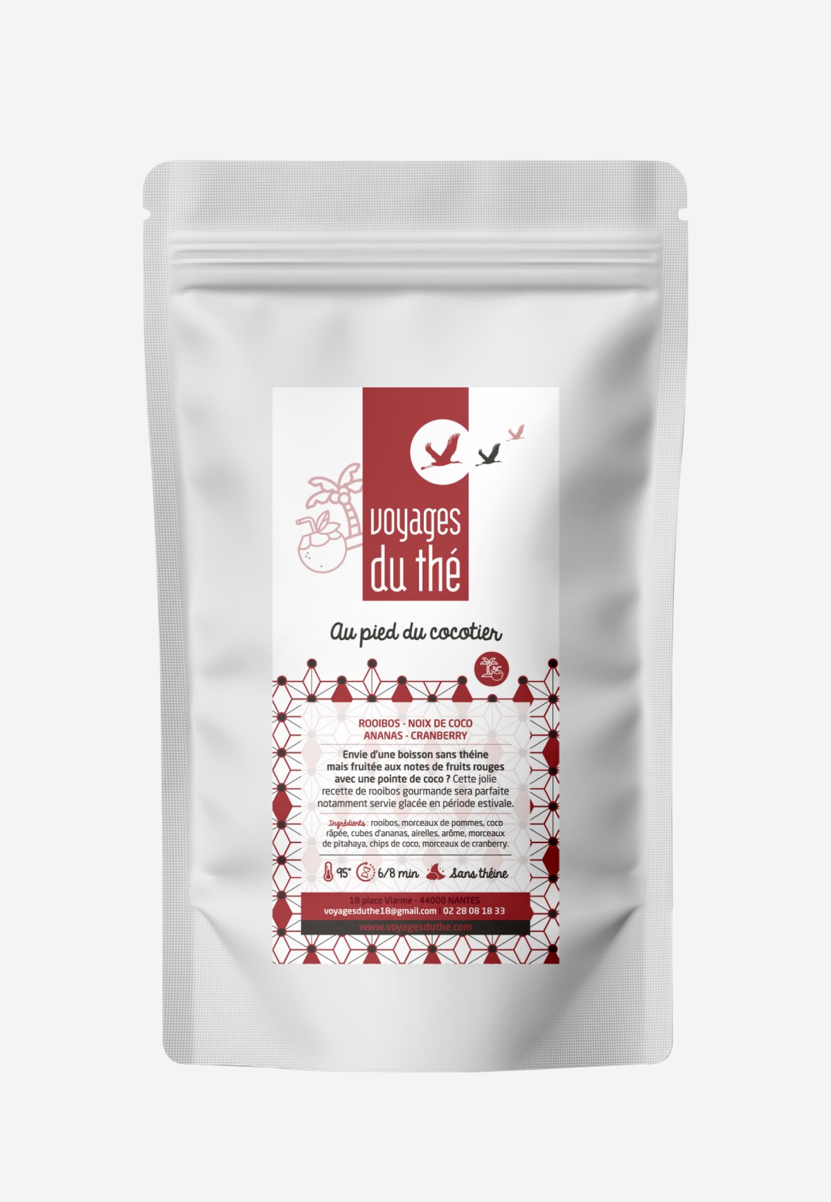Sachet de rooibos Au pied du cocotier par Voyages du thé, infusion sans théine à la noix de coco, ananas et cranberry.