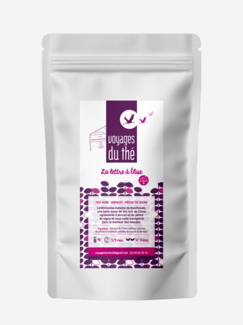 Sachet de thé noir La lettre à Élise par Voyages du thé, thé noir de Chine parfumé à l'abricot et à la pêche de vigne.