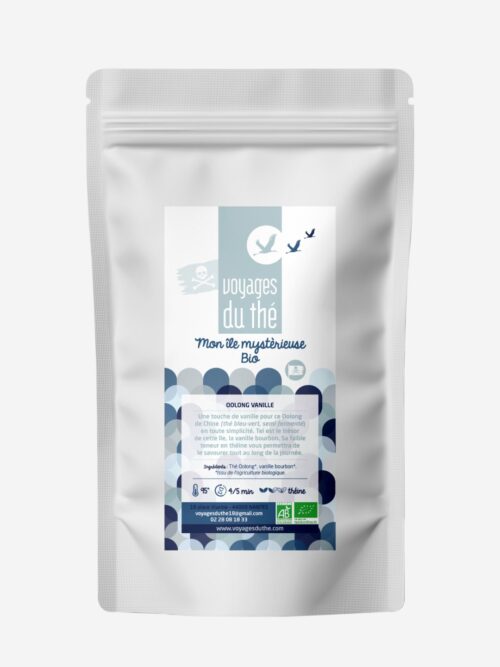 Sachet de thé Oolong Bio Mon île mystérieuse par Voyages du thé, mélange de thé bleu-vert de Chine et vanille bourbon.