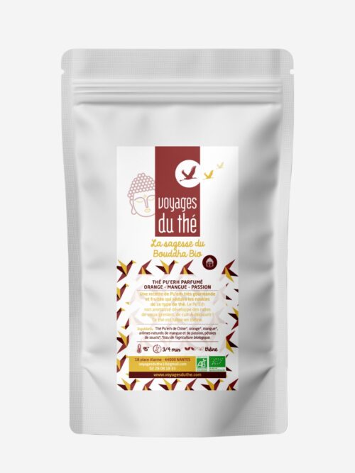 Sachet de thé Pu'erh parfumé Bio La sagesse du Bouddha par Voyages du thé, mélange gourmand orange, mangue et fruit de la passion.