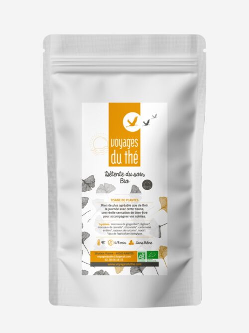 Sachet de tisane Bio Détente du soir par Voyages du thé, infusion sans théine au gingembre, cannelle, curcuma et réglisse.