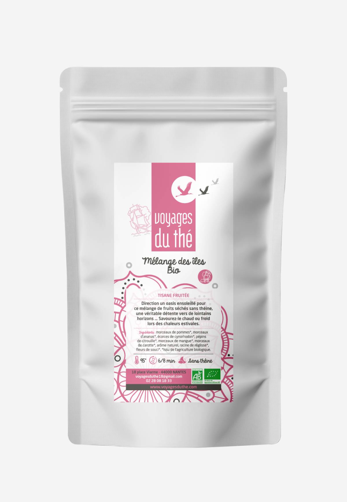 Sachet de tisane fruitée Bio Mélange des îles par Voyages du thé, infusion sans théine aux morceaux d'ananas, mangue, pomme et cynorhodon.