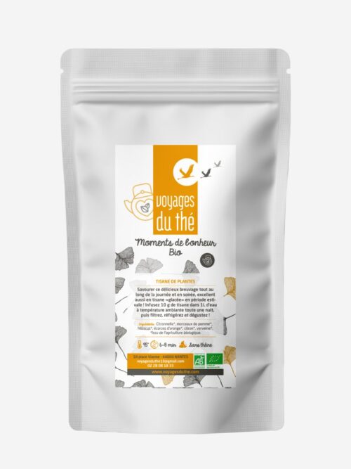 Sachet de tisane bio Moments de bonheur par Voyages du thé, infusion aux plantes et citronnelle