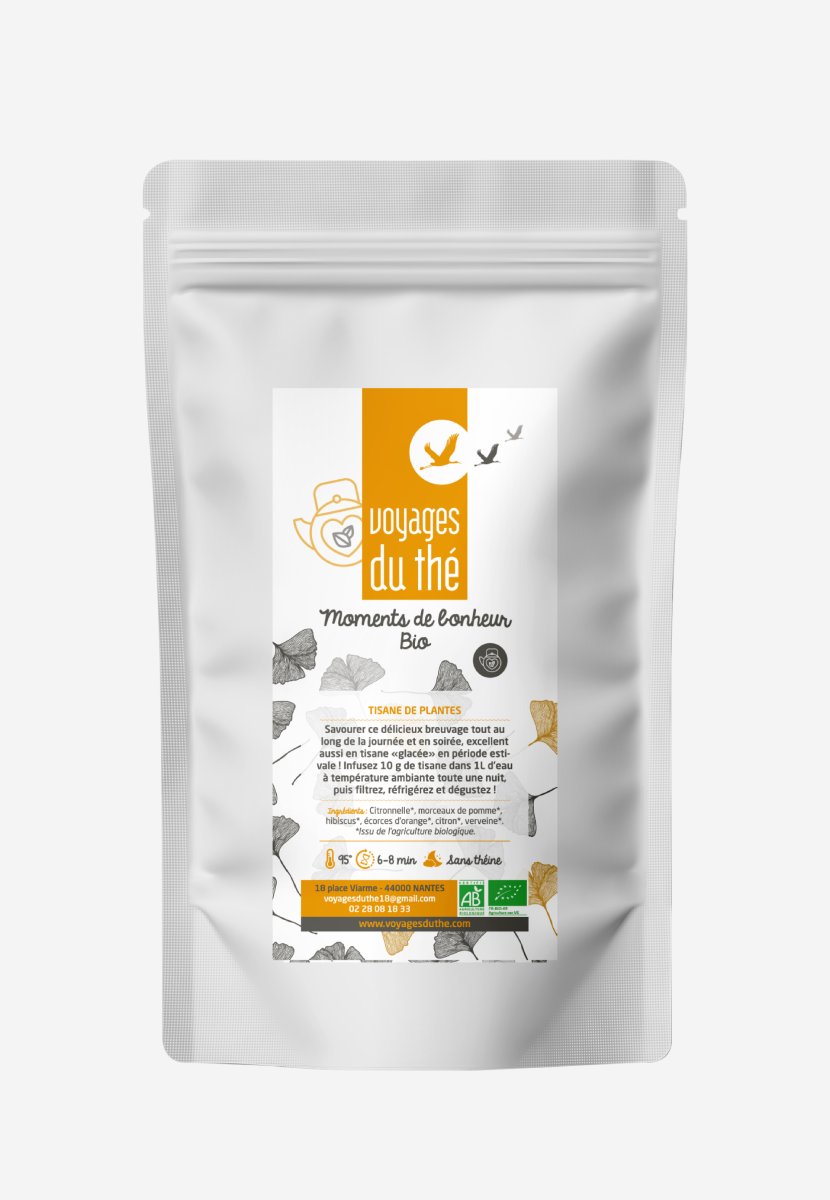 Sachet de tisane bio Moments de bonheur par Voyages du thé, infusion aux plantes et citronnelle