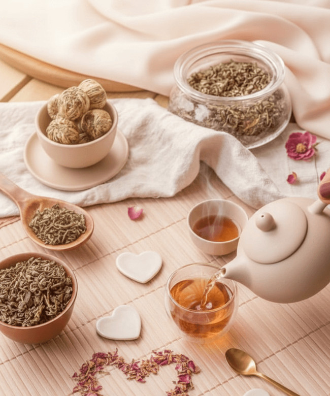 Service à thé élégant : infusion versée depuis une théière en céramique, fleurs de thé sculptées, feuilles de thé vert et pétales de rose séchés sur un tapis de bambou.